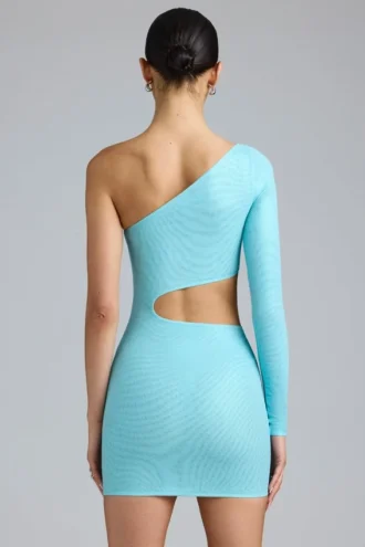 Zanab Metallic Cut-Out One-Shoulder Mini Dress in Ice Blue