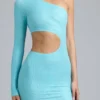 Zanab Metallic Cut-Out One-Shoulder Mini Dress in Ice Blue