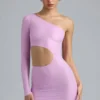 Zanab Metallic Cut-Out One-Shoulder Mini Dress in Violet Pink