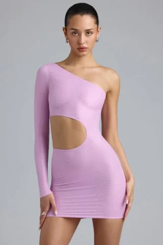 Zanab Metallic Cut-Out One-Shoulder Mini Dress in Violet Pink