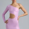 Zanab Metallic Cut-Out One-Shoulder Mini Dress in Violet Pink