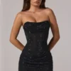 Zara Embellished Bandeau Cowl-Waist Mini Dress in Black