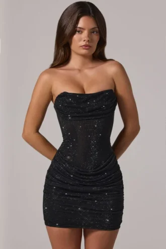 Zara Embellished Bandeau Cowl-Waist Mini Dress in Black