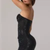 Zara Embellished Bandeau Cowl-Waist Mini Dress in Black