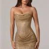 Zara Embellished Bandeau Cowl-Waist Mini Dress in Gold