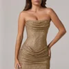 Zara Embellished Bandeau Cowl-Waist Mini Dress in Gold