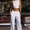 Zaria Belted Cut-Out Wide-Leg Trousers in White