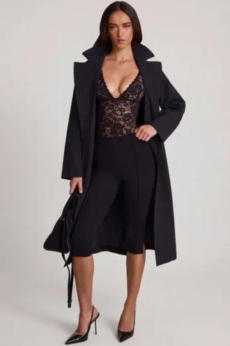 Zayla Sheer Lace Scalloped Plunge-Neck Bodysuit in Black