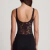 Zayla Sheer Lace Scalloped Plunge-Neck Bodysuit in Black
