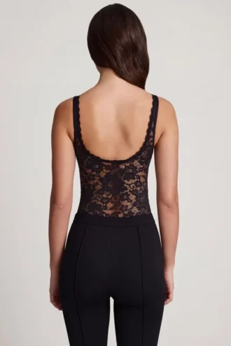 Zayla Sheer Lace Scalloped Plunge-Neck Bodysuit in Black