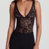 Zayla Sheer Lace Scalloped Plunge-Neck Bodysuit in Black