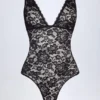 Zayla Sheer Lace Scalloped Plunge-Neck Bodysuit in Black
