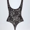 Zayla Sheer Lace Scalloped Plunge-Neck Bodysuit in Black