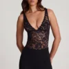 Zayla Sheer Lace Scalloped Plunge-Neck Bodysuit in Black