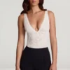 Zayla Sheer Lace Scalloped Plunge-Neck Bodysuit in White