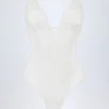Zayla Sheer Lace Scalloped Plunge-Neck Bodysuit in White