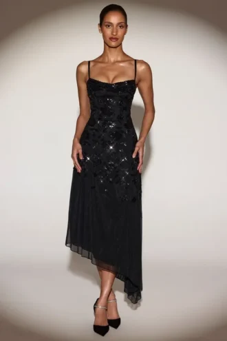 Zelina Embellished Soft-Scoop Asymmetric Midaxi Dress in Black