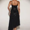 Zelina Embellished Soft-Scoop Asymmetric Midaxi Dress in Black