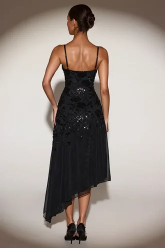 Zelina Embellished Soft-Scoop Asymmetric Midaxi Dress in Black
