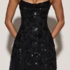 Zelina Embellished Soft-Scoop Asymmetric Midaxi Dress in Black