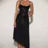 Zelina Embellished Soft-Scoop Asymmetric Midaxi Dress in Black