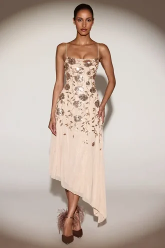 Zelina Embellished Soft-Scoop Asymmetric Midaxi Dress in Gold