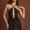 Zelinda Embellished Halterneck Cowl A-line Mini Dress in Black