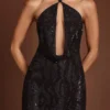 Zelinda Embellished Halterneck Cowl A-line Mini Dress in Black