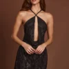 Zelinda Embellished Halterneck Cowl A-line Mini Dress in Black