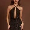 Zelinda Embellished Halterneck Cowl A-line Mini Dress in Brown Snake