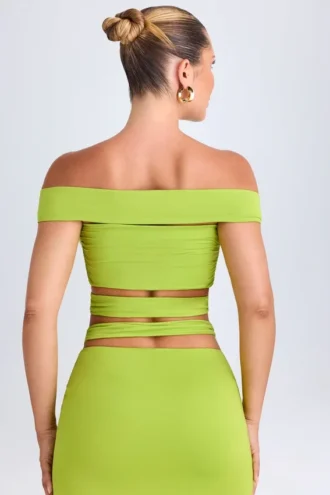Zene Cut-Out Off-Shoulder Crop Top in Lime Green