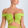 Zene Cut-Out Off-Shoulder Crop Top in Lime Green