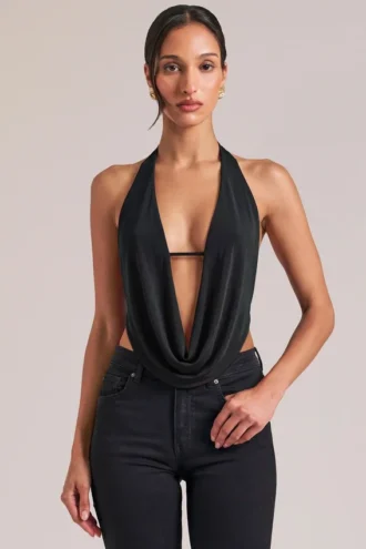 Zenna Draped Cowl Top in Black