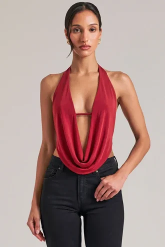 Zenna Draped Cowl Top in Cherry Red