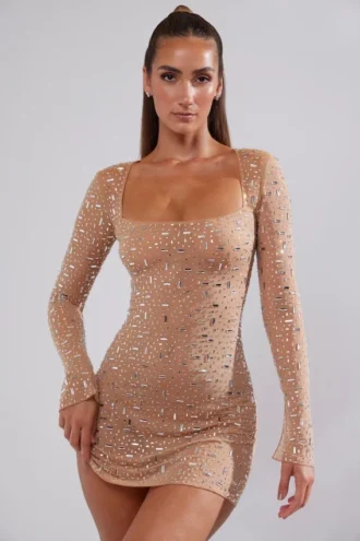 Zeta Sheer Embellished Long Sleeve A-Line Mini Dress in Almond