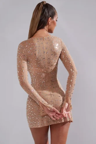 Zeta Sheer Embellished Long Sleeve A-Line Mini Dress in Almond