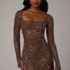 Zeta Sheer Embellished Long Sleeve A-Line Mini Dress in Deep Cocoa