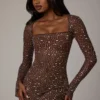 Zeta Sheer Embellished Long Sleeve A-Line Mini Dress in Deep Cocoa
