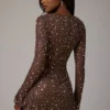 Zeta Sheer Embellished Long Sleeve A-Line Mini Dress in Deep Cocoa