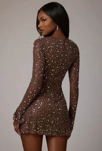 Zeta Sheer Embellished Long Sleeve A-Line Mini Dress in Deep Cocoa