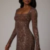 Zeta Sheer Embellished Long Sleeve A-Line Mini Dress in Deep Cocoa