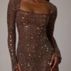 Zeta Sheer Embellished Long Sleeve A-Line Mini Dress in Deep Cocoa