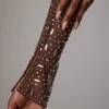 Zeta Sheer Embellished Long Sleeve A-Line Mini Dress in Deep Cocoa