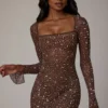Zeta Sheer Embellished Long Sleeve A-Line Mini Dress in Deep Cocoa