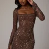 Zeta Sheer Embellished Long Sleeve A-Line Mini Dress in Deep Cocoa