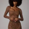 Zeta Sheer Embellished Long Sleeve A-Line Mini Dress in Mocha