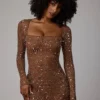 Zeta Sheer Embellished Long Sleeve A-Line Mini Dress in Mocha