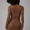 Zeta Sheer Embellished Long Sleeve A-Line Mini Dress in Mocha