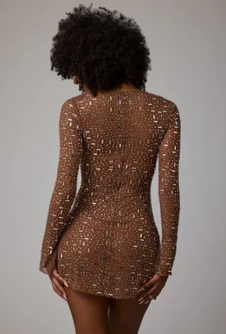 Zeta Sheer Embellished Long Sleeve A-Line Mini Dress in Mocha