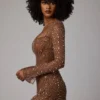 Zeta Sheer Embellished Long Sleeve A-Line Mini Dress in Mocha